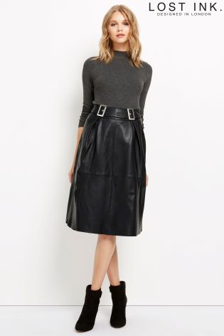 Lost Ink Leather Buckle Midi Skirt